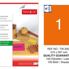 Tanex TW-2000 210x297 mm 100'lü Turuncu Floresan Laser Etiket