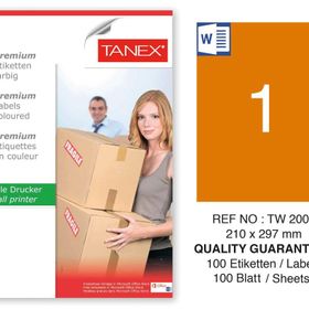 Tanex TW-2000 210x297 mm 100'lü Turuncu Pastel Laser Etiket