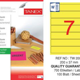 Tanex TW-2007 200x37 mm 100'lü Sarı Floresan Laser Etiket