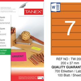 Tanex TW-2007 200x37 mm 100'lü Turuncu Floresan Laser Etiket