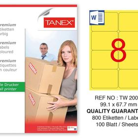 Tanex TW-2008 99.1x67.7 mm 100'lü Sarı Pastel Laser Etiket