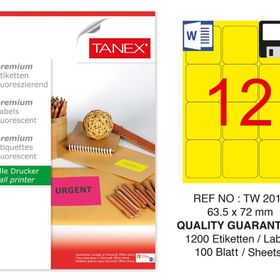Tanex TW-2012 63.5x72 mm 100'lü Sarı Floresan Laser Etiket