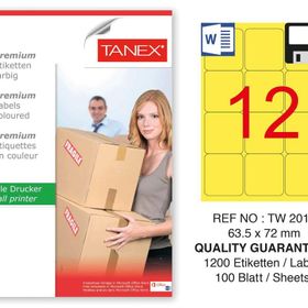 Tanex TW-2012 63.5x72 mm 100'lü Sarı Pastel Laser Etiket