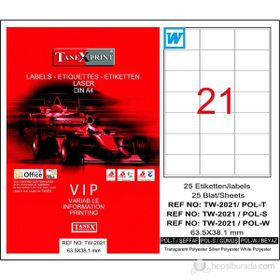 Tanex TW-2021 63.5x38.1 mm Polyester 25 Adet Laser Etiket