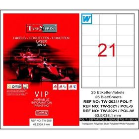 Tanex TW-2021 63.5x38.1 mm Polyester 25 Adet Laser Etiket