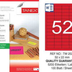 Tanex TW-2022 50x22 mm 100'lü Kırmızı Floresan Laser Etiket