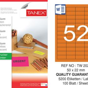Tanex TW-2022 50x22 mm 100'lü Turuncu Floresan Laser Etiket