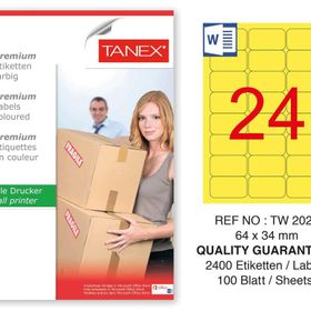 Tanex TW-2024 64x34 mm 100'lü Sarı Pastel Laser Etiket
