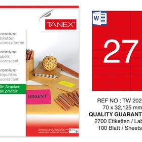 Tanex TW-2027 70x32.125 mm 100'lü Kırmızı Floresan Laser Etiket