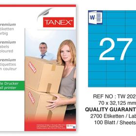 Tanex TW-2027 70x32.125 mm 100'lü Mavi Pastel Laser Etiket