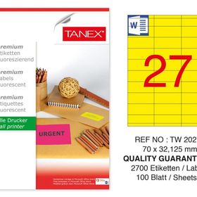 Tanex TW-2027 70x32.125 mm 100'lü Sarı Floresan Laser Etiket