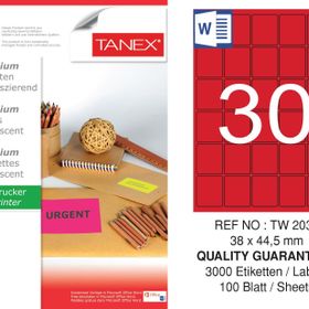 Tanex TW-2030 38x44.5 mm 100'lü Kırmızı Floresan Laser Etiket