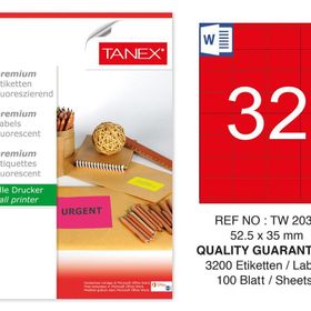 Tanex TW-2032 52.5x35 mm 100'lü Kırmızı Floresan Laser Etiket