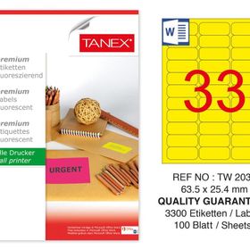 Tanex TW-2033 63.5x25.4 mm 100'lü Sarı Floresan Laser Etiket