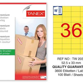 Tanex TW-2035 52.5x33 mm 100'lü Sarı Pastel Laser Etiket