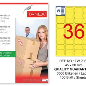 Tanex TW-2036 45x30 mm 100'lü Sarı Pastel Laser Etiket
