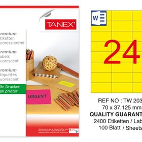 Tanex TW-2037 70x37.125 mm 100'lü Sarı Floresan Laser Etiket