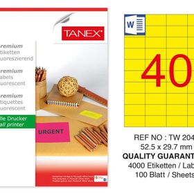 Tanex TW-2040 52.5x29.7 mm 100'lü Sarı Floresan Laser Etiket