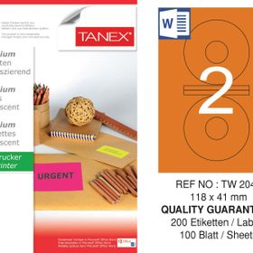 Tanex TW-2041 118x41 mm 100'lü Turuncu Floresan Laser Etiket