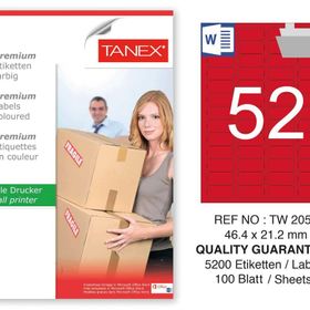 Tanex TW-2052 46.4x21.2 mm 100'lü Kırmızı Pastel Laser Etiket