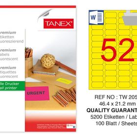 Tanex TW-2052 46.4x21.2 mm 100'lü Sarı Floresan Laser Etiket