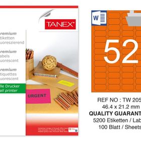 Tanex TW-2052 46.4x21.2 mm 100'lü Turuncu Floresan Laser Etiket
