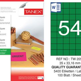 Tanex TW-2054 35x33.16 mm 100'lü Yeşil Floresan Laser Etiket