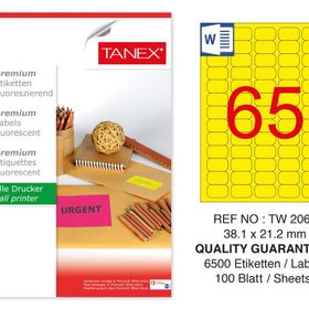 Tanex TW-2065 38.1x21.2 mm 100'lü Sarı Floresan Laser Etiket