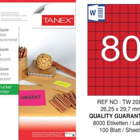 Tanex TW-2080 26.25x29.7 mm 100'lü Kırmızı Floresan Laser Etiket