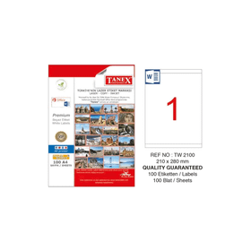 Tanex TW-2100 210x280 mm 100'lü Paket Kuşe Laser Etiket