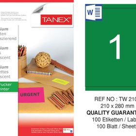 Tanex TW-2100 210x280 mm 100'lü Yeşil Floresan Laser Etiket