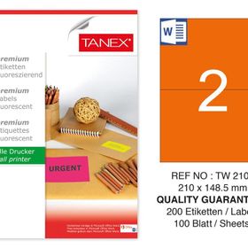 Tanex TW-2102 210x148.5 mm 100'lü Turuncu Floresan Laser Etiket