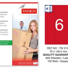 Tanex TW-2106 70x148.5 mm 100'lü Kırmızı Pastel Laser Etiket
