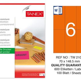 Tanex TW-2106 70x148.5 mm 100'lü Turuncu Floresan Laser Etiket