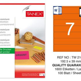 Tanex TW-2107 192.5x39 mm 100'lü Turuncu Floresan Laser Etiket
