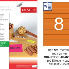 Tanex TW-2108 192x34 mm 100'lü Turuncu Floresan Laser Etiket