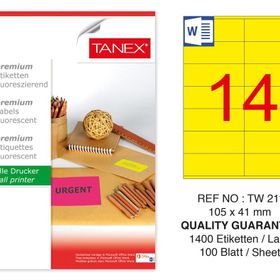 Tanex TW-2114 105x41 mm 100'lü Sarı Floresan Laser Etiket