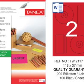 Tanex TW-2117 118x37 mm 100'lü Kırmızı Floresan Laser Etiket