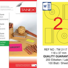 Tanex TW-2117 118x37 mm 100'lü Sarı Floresan Laser Etiket