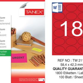 Tanex TW-2118 58.4x42.3 mm 100'lü Kırmızı Floresan Laser Etiket