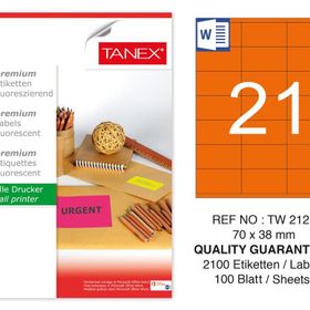 Tanex TW-2121 70x38 mm 100'lü Turuncu Floresan Laser Etiket