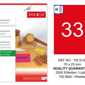 Tanex TW-2133 70x25 mm 100'lü Kırmızı Floresan Laser Etiket