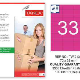 Tanex TW-2133 70x25 mm 100'lü Pembe Pastel Laser Etiket