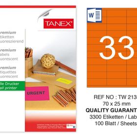 Tanex TW-2133 70x25 mm 100'lü Turuncu Floresan Laser Etiket