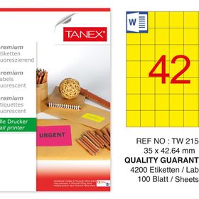 Tanex TW-2154 35x42.43 mm 100'lü Sarı Floresan Laser Etiket