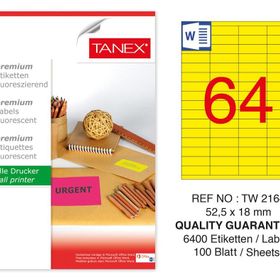 Tanex TW-2164 52.5x18 mm 100'lü Sarı Floresan Laser Etiket