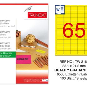 Tanex TW-2165 38.1x21.2 mm 100'lü Sarı Floresan Laser Etiket