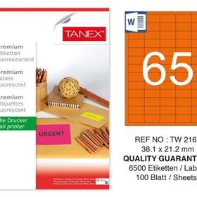 Tanex TW-2165 38.1x21.2 mm 100'lü Turuncu Floresan Laser Etiket