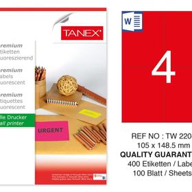 Tanex TW-2204 105x148.5 mm 100'lü Kırmızı Floresan Laser Etiket