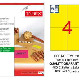 Tanex TW-2204 105x148.5 mm 100'lü Sarı Floresan Laser Etiket